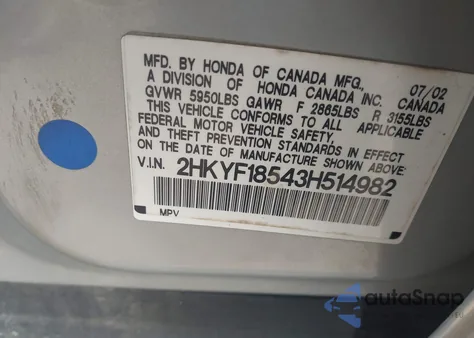 2003 Honda Pilot Ex-L z USA, uszkodzony, nr VIN 2HKYF18543H514982